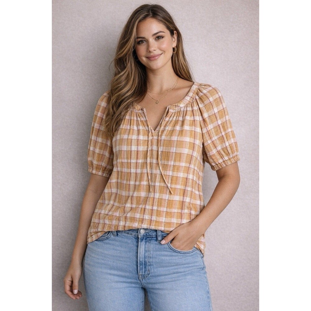 Ann Taylor Loft Plaid Puff Sleeve Peasant Boho Top Orange Pink Size M